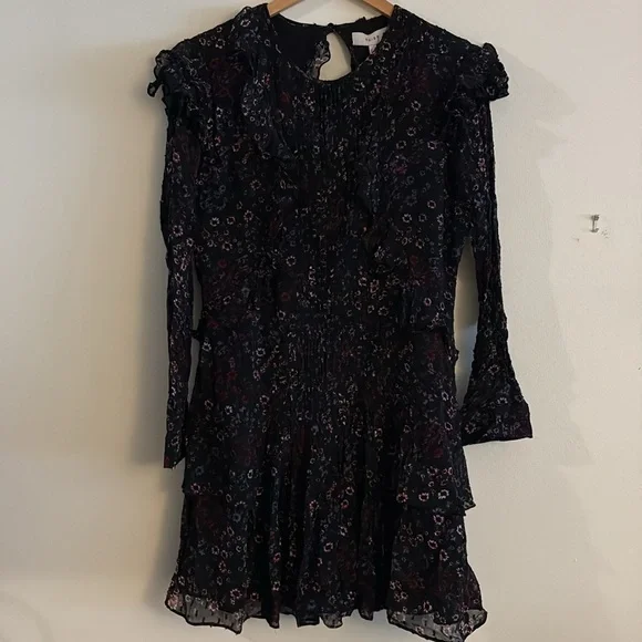 Flaw - New Reiss Long Sleeve Pintuck Floral Ruffle Mini Dress Size 12 NWT - Picture 3 of 13